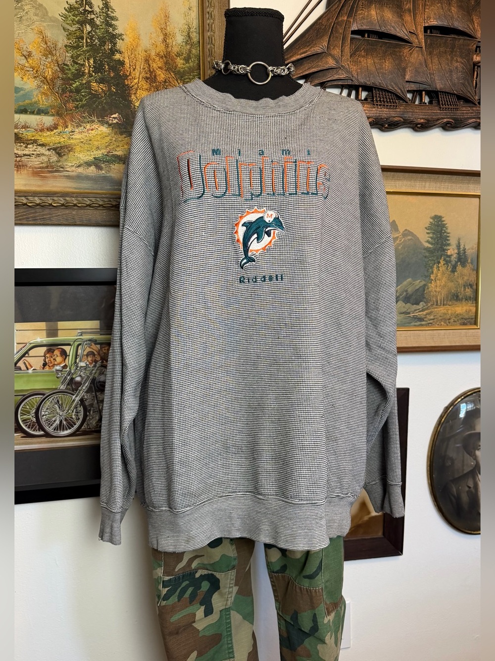 Original Vintage 1980s-90s Miami Dolphins Waffle-Weave Long-Sleeve Shirt XXL